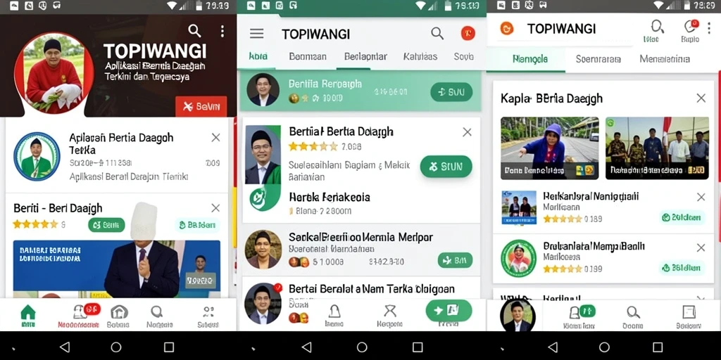 Tampilan antarmuka aplikasi TOPIWANGI dengan berita daerah yang terkini.